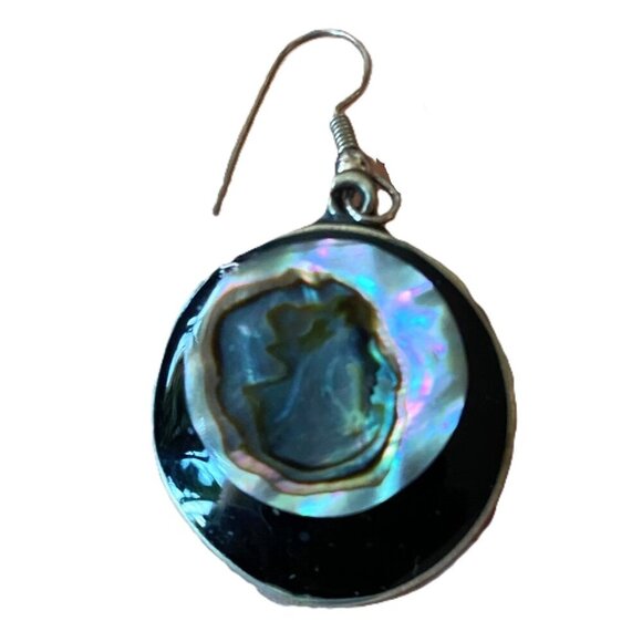 Vintage alpaca silver and abalone Mexico round dangle earrings - Picture 7 of 11